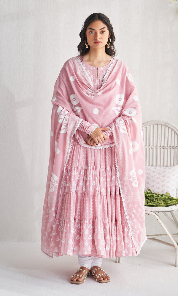 Dusty Pink Screen Printed  Anarkali Dress