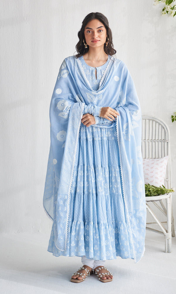 powder blue Screen Printed Anarkali Dress