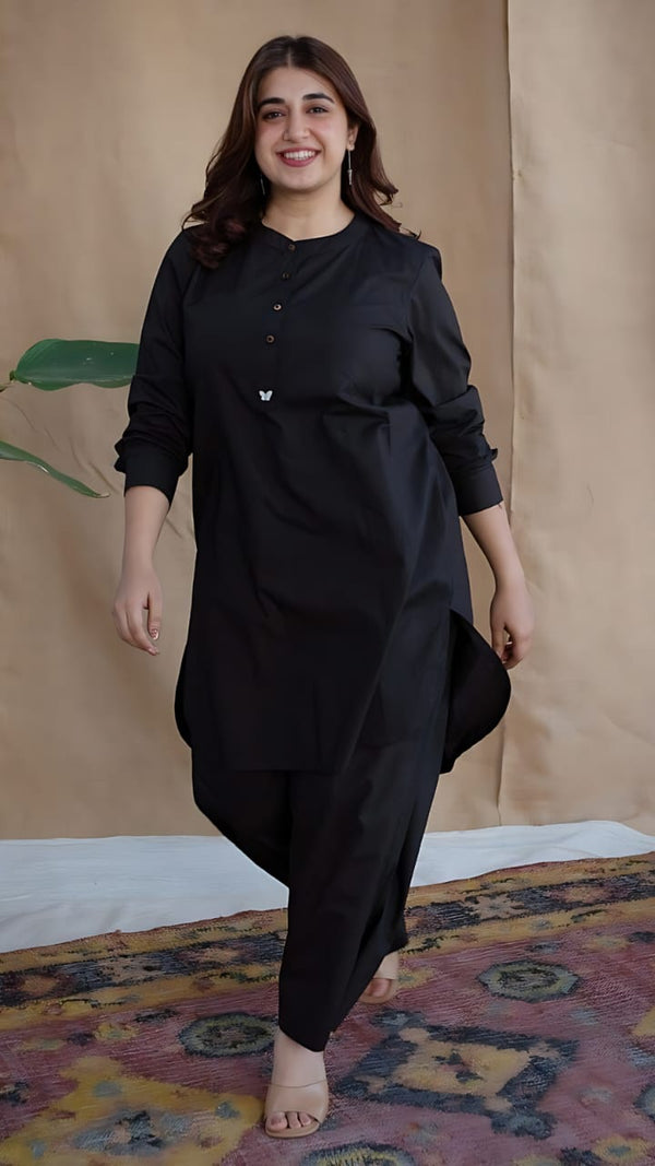 Black Round Neck - 2 PC Stitched