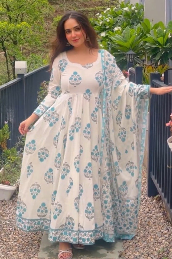White cotton screen printed floral dress