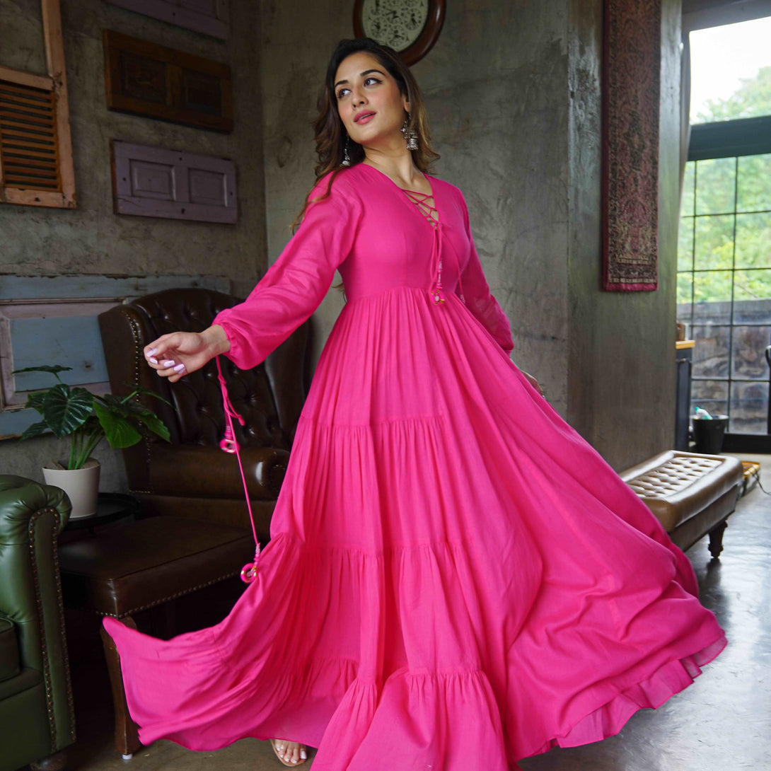 CHAINA LINEN FABRIC HOT PINK MAXI DRESS= 36 - Citystanja