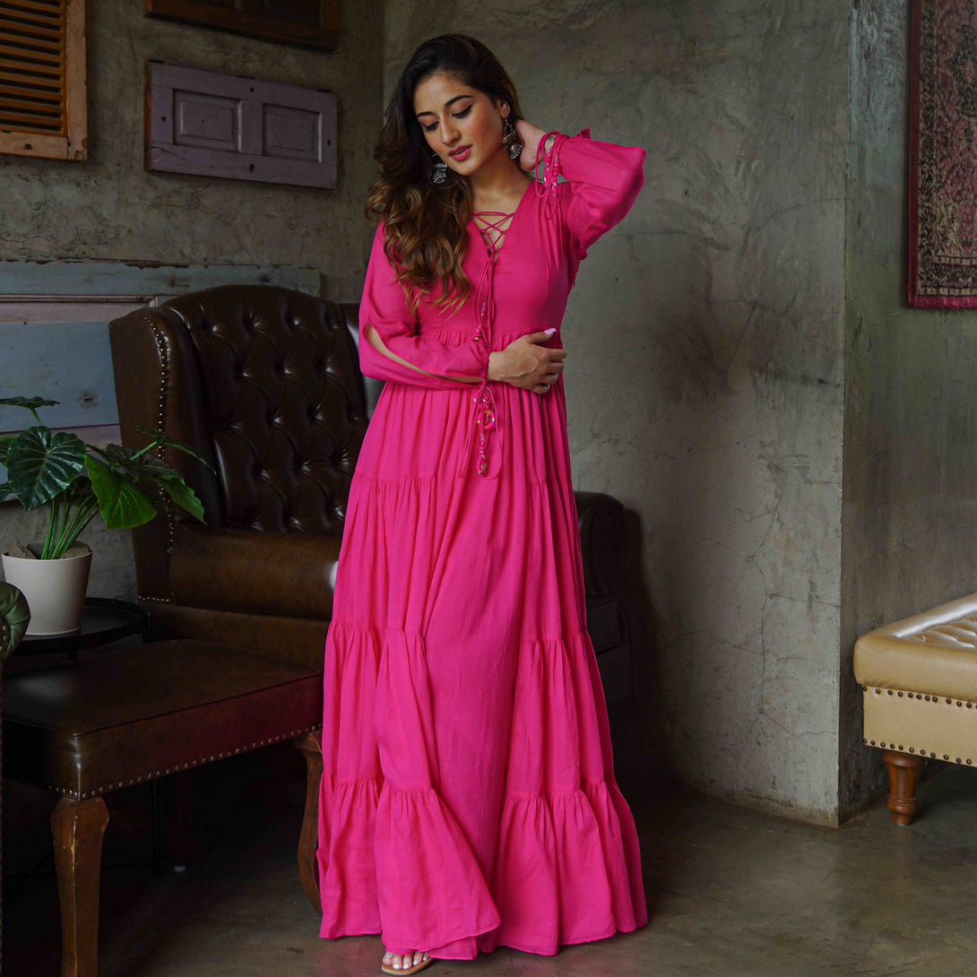 CHAINA LINEN FABRIC HOT PINK MAXI DRESS= 36 - Citystanja