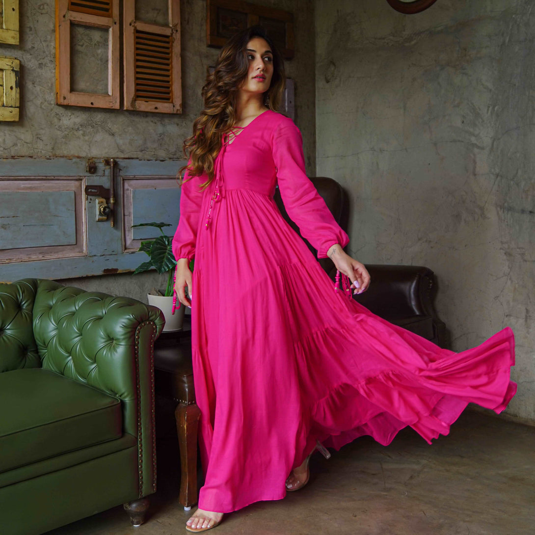 CHAINA LINEN FABRIC HOT PINK MAXI DRESS= 36 - Citystanja