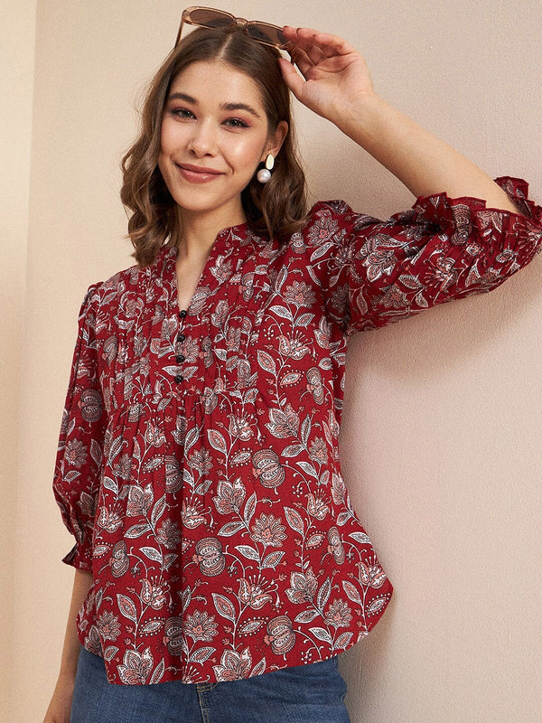Screen Printed Mandarin Collar Puff Sleeves Gathered Pure Cotton Tops