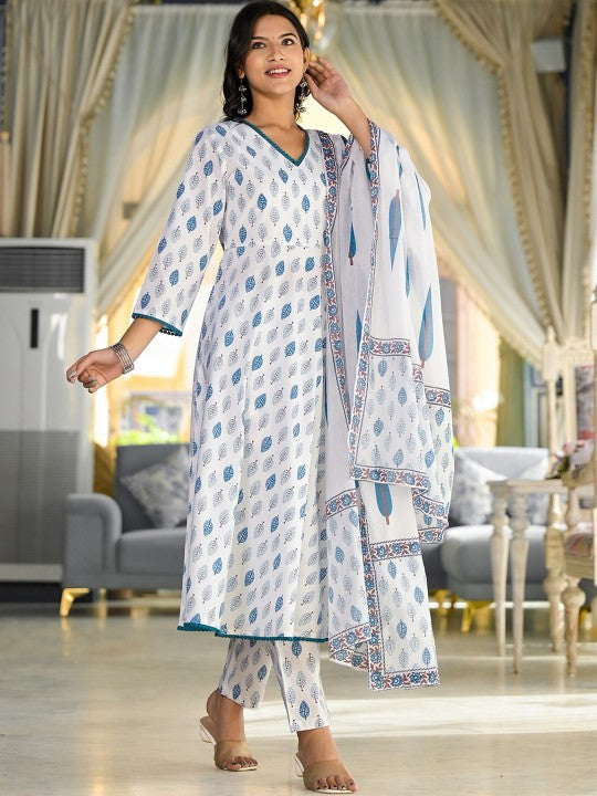 White Ethnic Motifs Printed Regular Pure Cotton Kurta with Trousers & With Dupatta