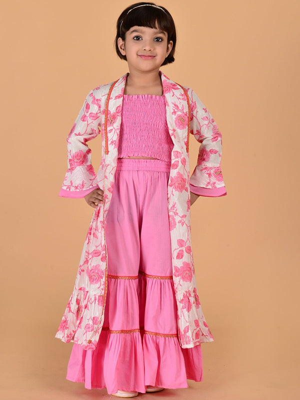 Girls Floral Screen Printed Pure Cotton Shrug With Crop Top & Sharara