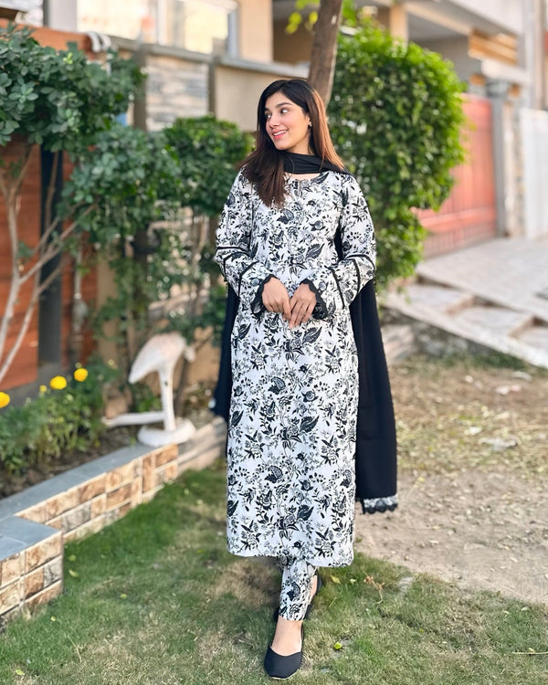 Dobby Khaddar Printed Grey Black Dress