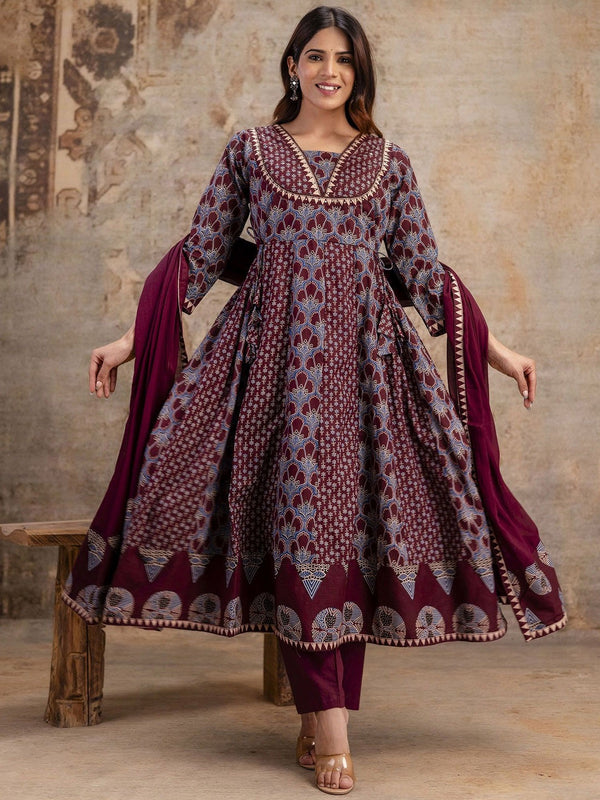 Women Printed Pure Cotton Anarkali Kurta with Trouser & Dupatta