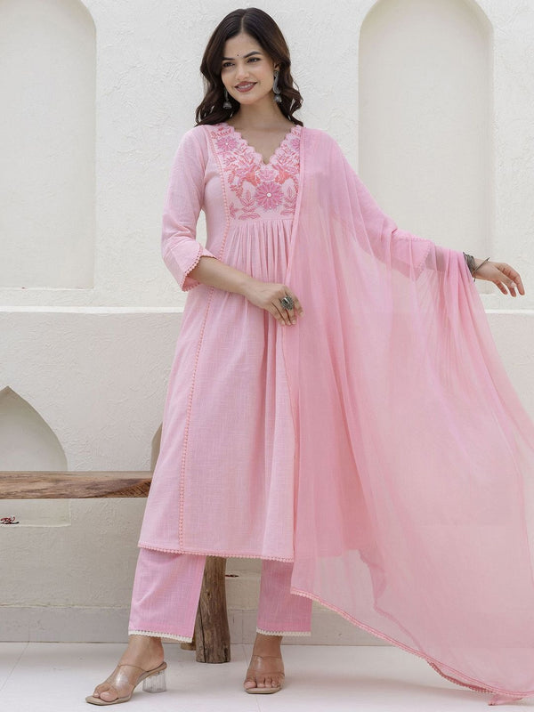 Floral Embroidered Cotton Dress with Pant & Dupatta