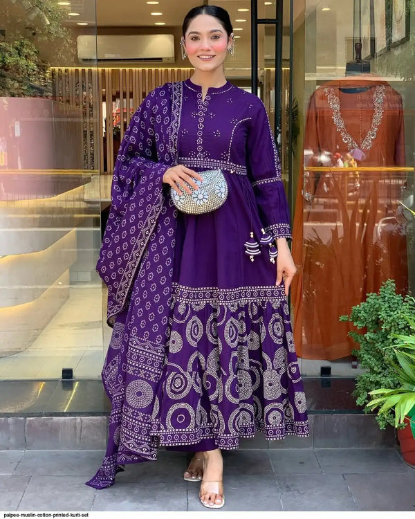 Purple Cotton Printed Women dress With  Dupatta