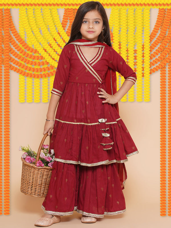 Maroon Ethnic Printed Angrakha Gotta Patti Kurta Sharara & Dupatta cotton dress