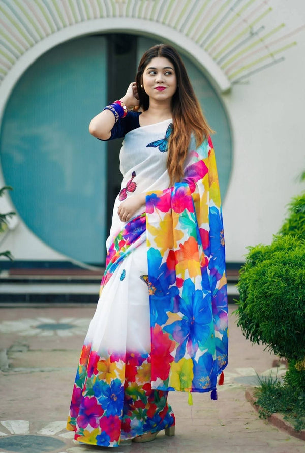 White rainbow colored Digital print  saree