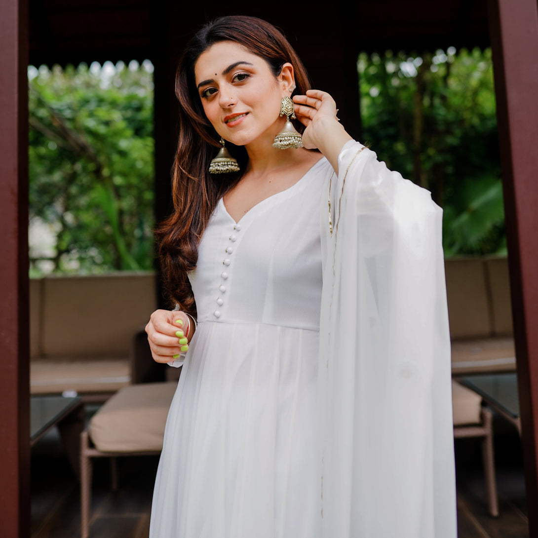 WHITE ANARKALI AND PANT WITH DUPATTA - Citystanja