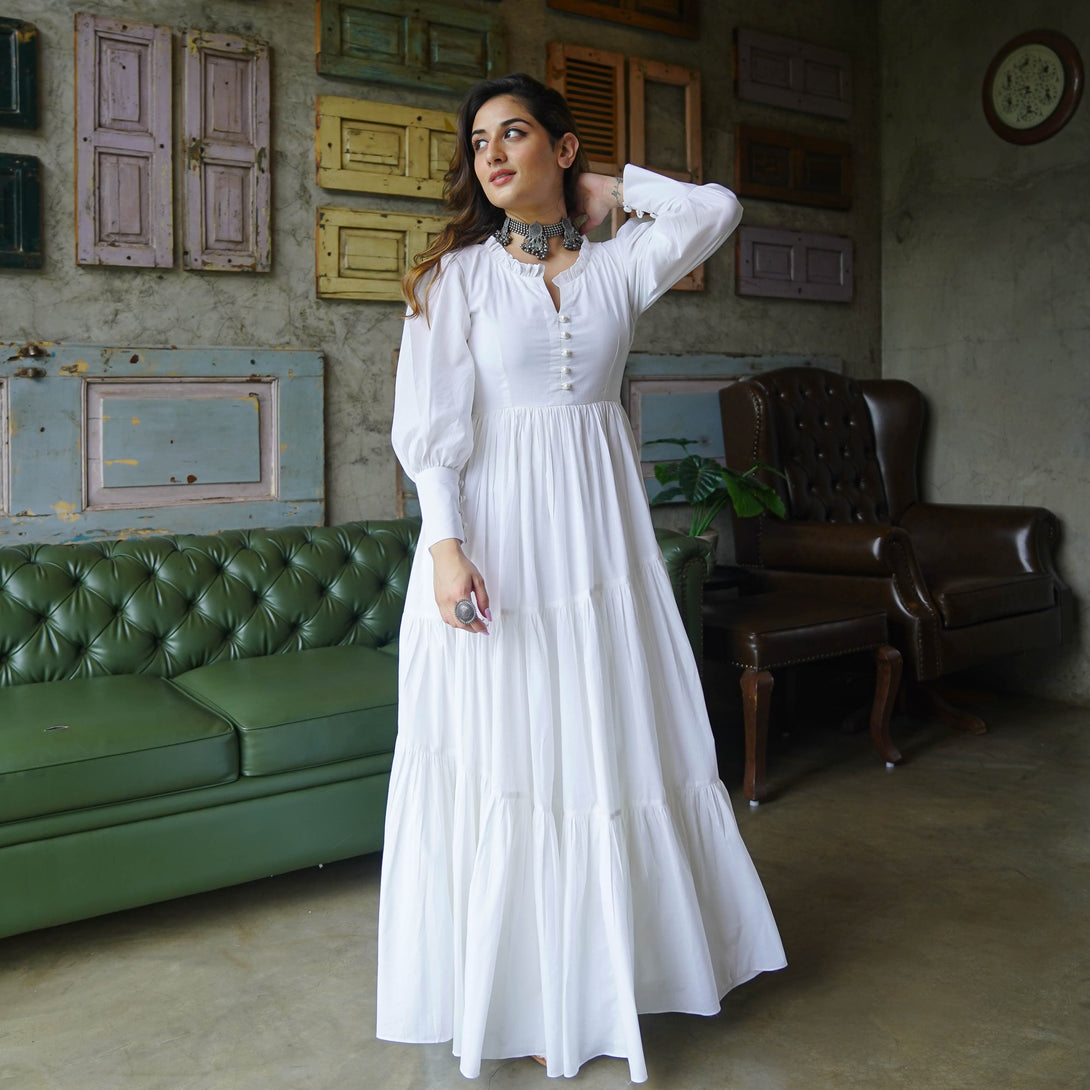 PURE WHITE SOFT COTTON MAXI DRESS=ST-34 - Citystanja