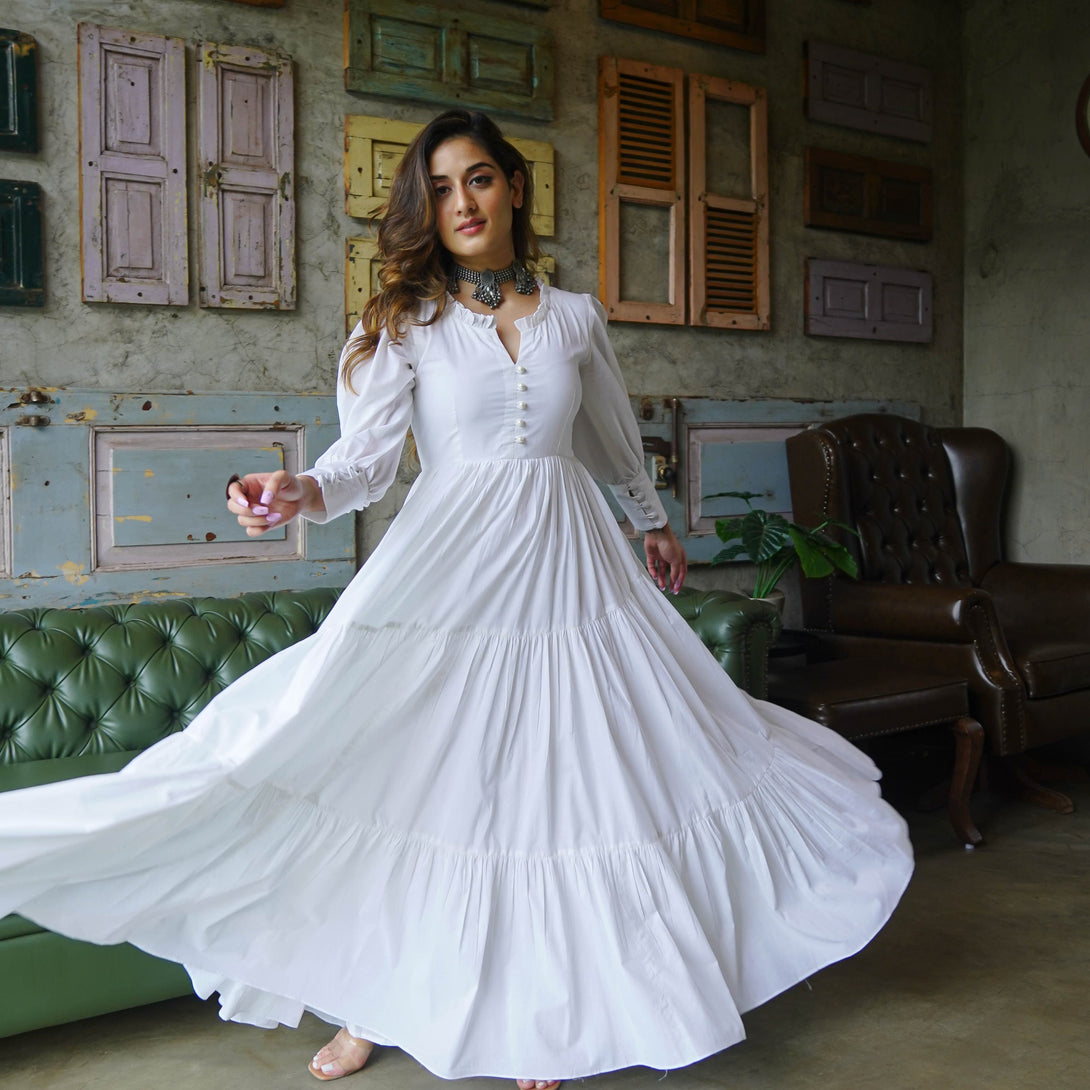 PURE WHITE SOFT COTTON MAXI DRESS=ST-34 - Citystanja