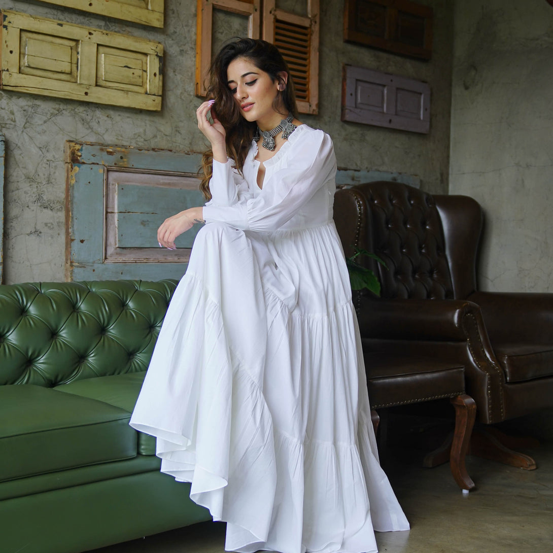 PURE WHITE SOFT COTTON MAXI DRESS=ST-34 - Citystanja